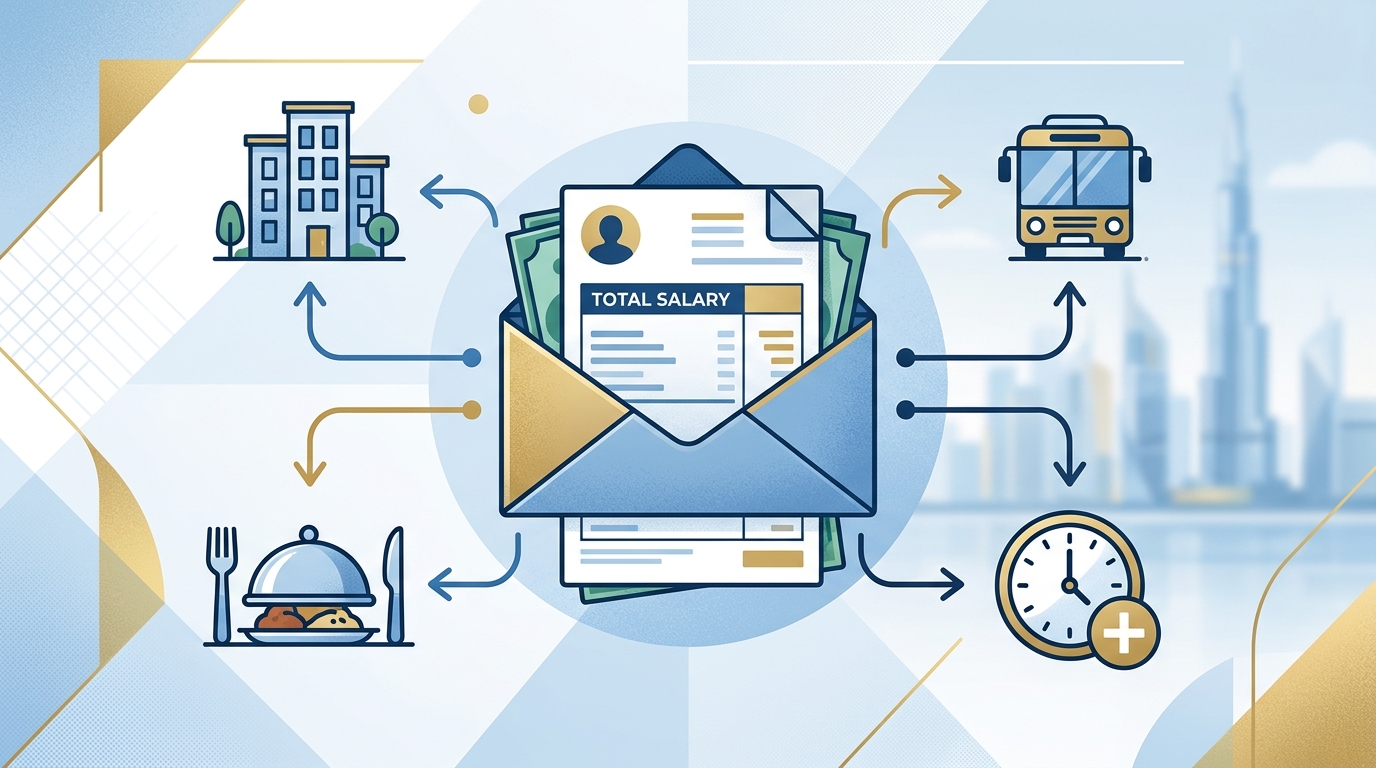 Illustration of a blue collar salary breakdown showing base pay, overtime, and accommodation benefits