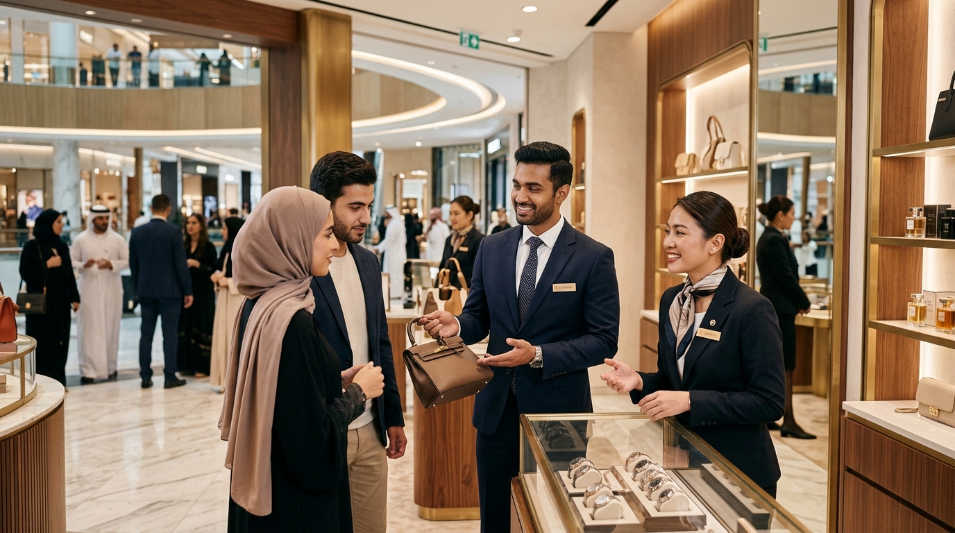 A diverse group of retail professionals interacting with customers in a bright Dubai shopping mall