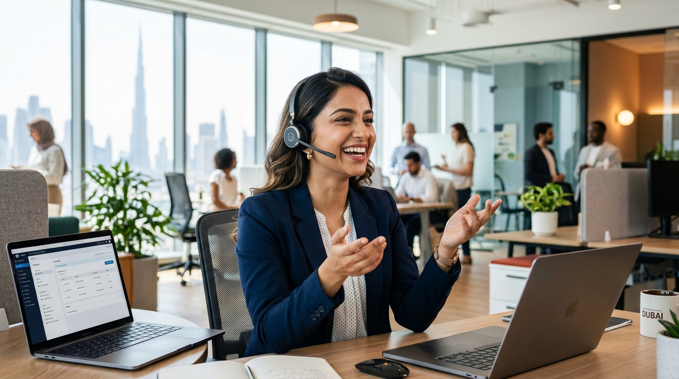 A professional telesales agent wearing a headset in a modern Dubai corporate office
