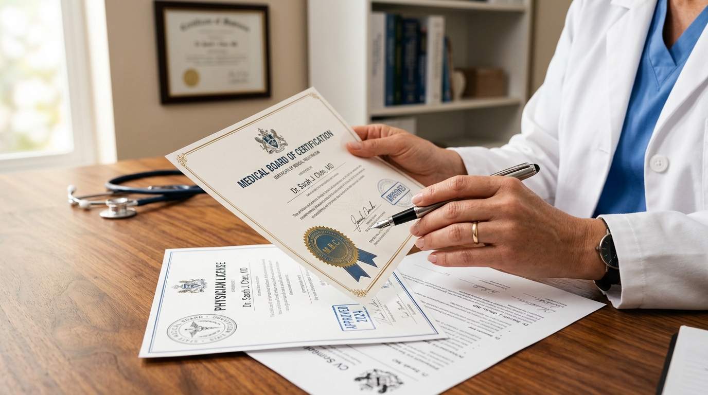 Doctor reviewing official medical credentials and stamped documents