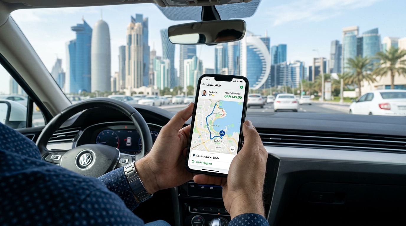 Delivery driver in Qatar holding a smartphone showing route and earnings inside a car