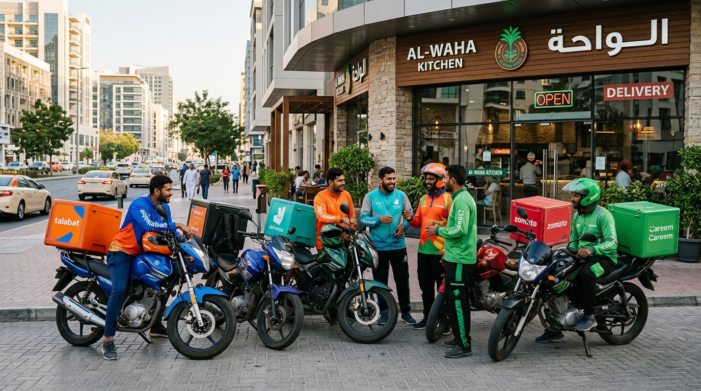 Group of delivery motorbikes parked outside a modern restaurant in a Middle Eastern city