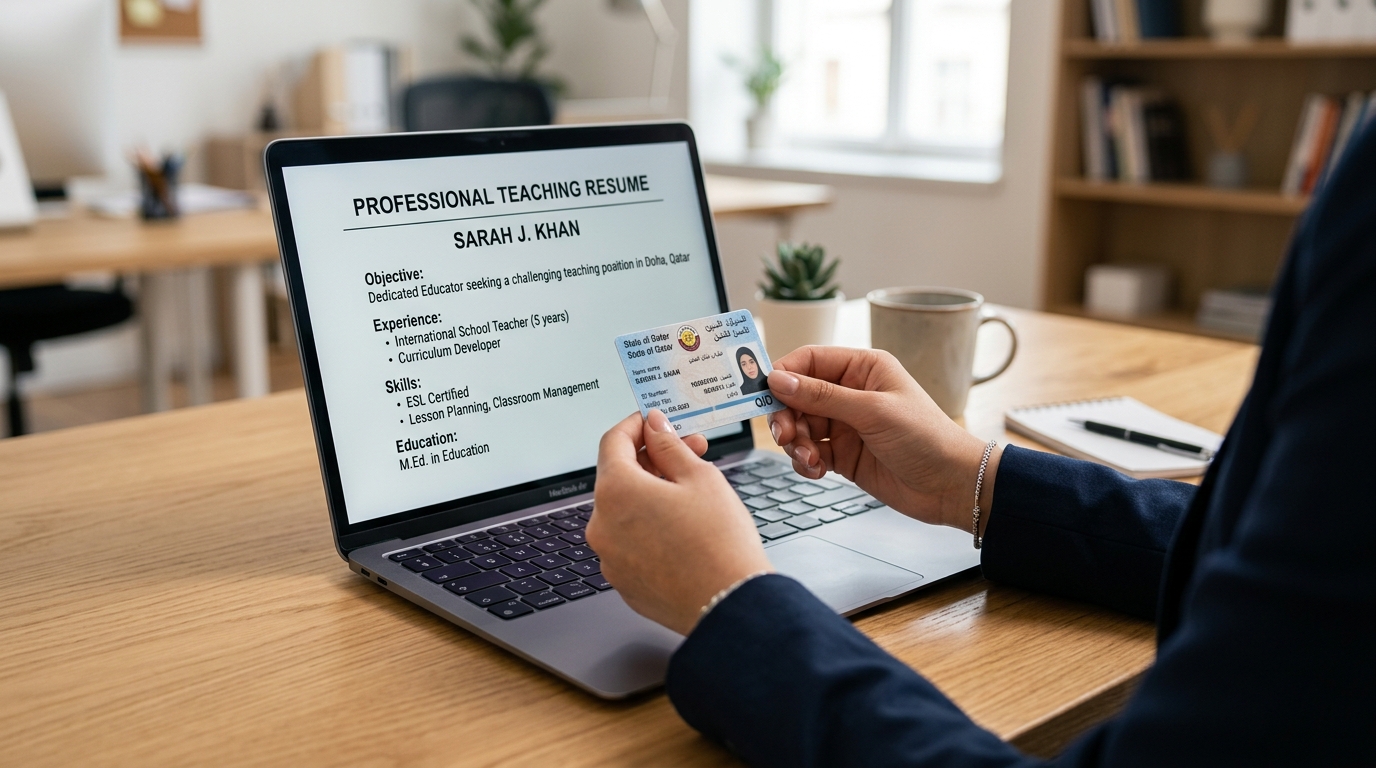 Educator holding a valid Qatar ID card during a job search