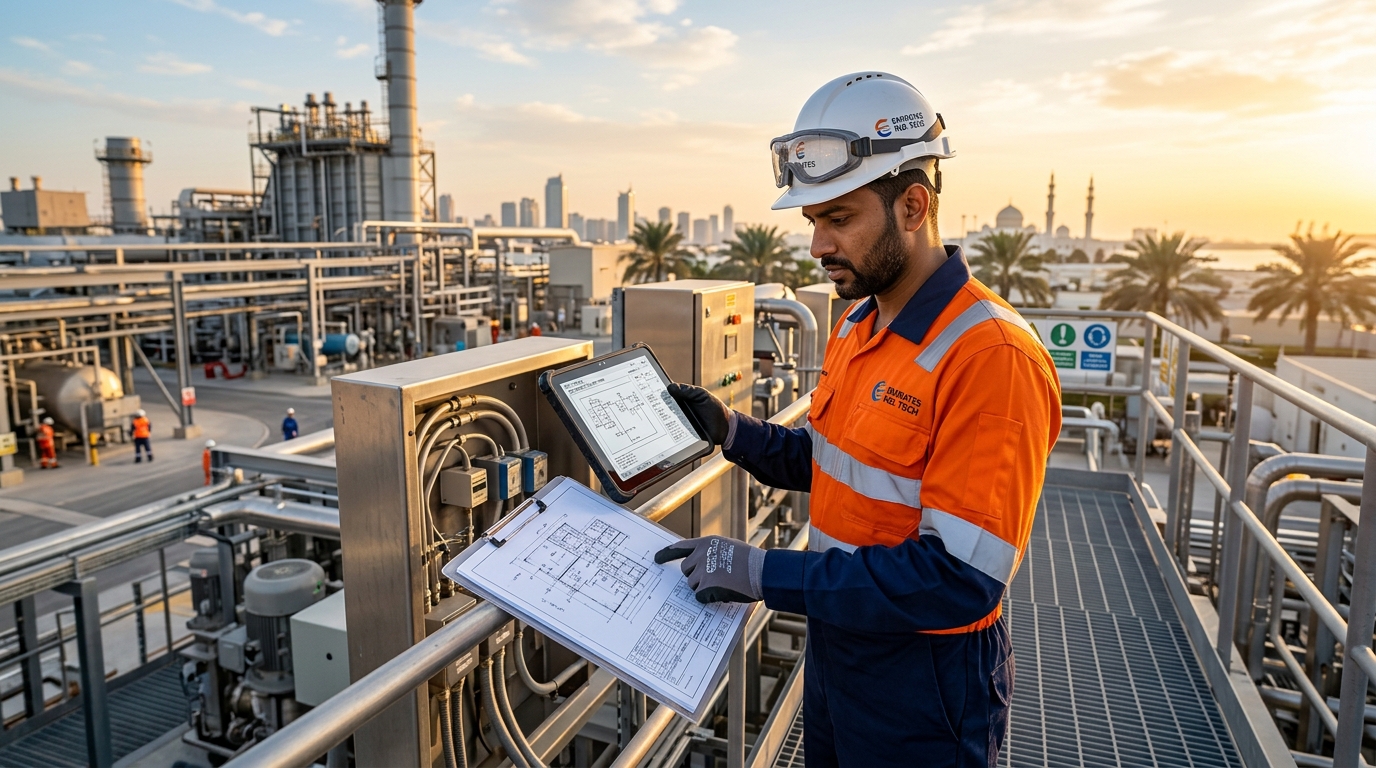 A skilled ITI electrician working on a modern industrial control panel in a Middle Eastern facility