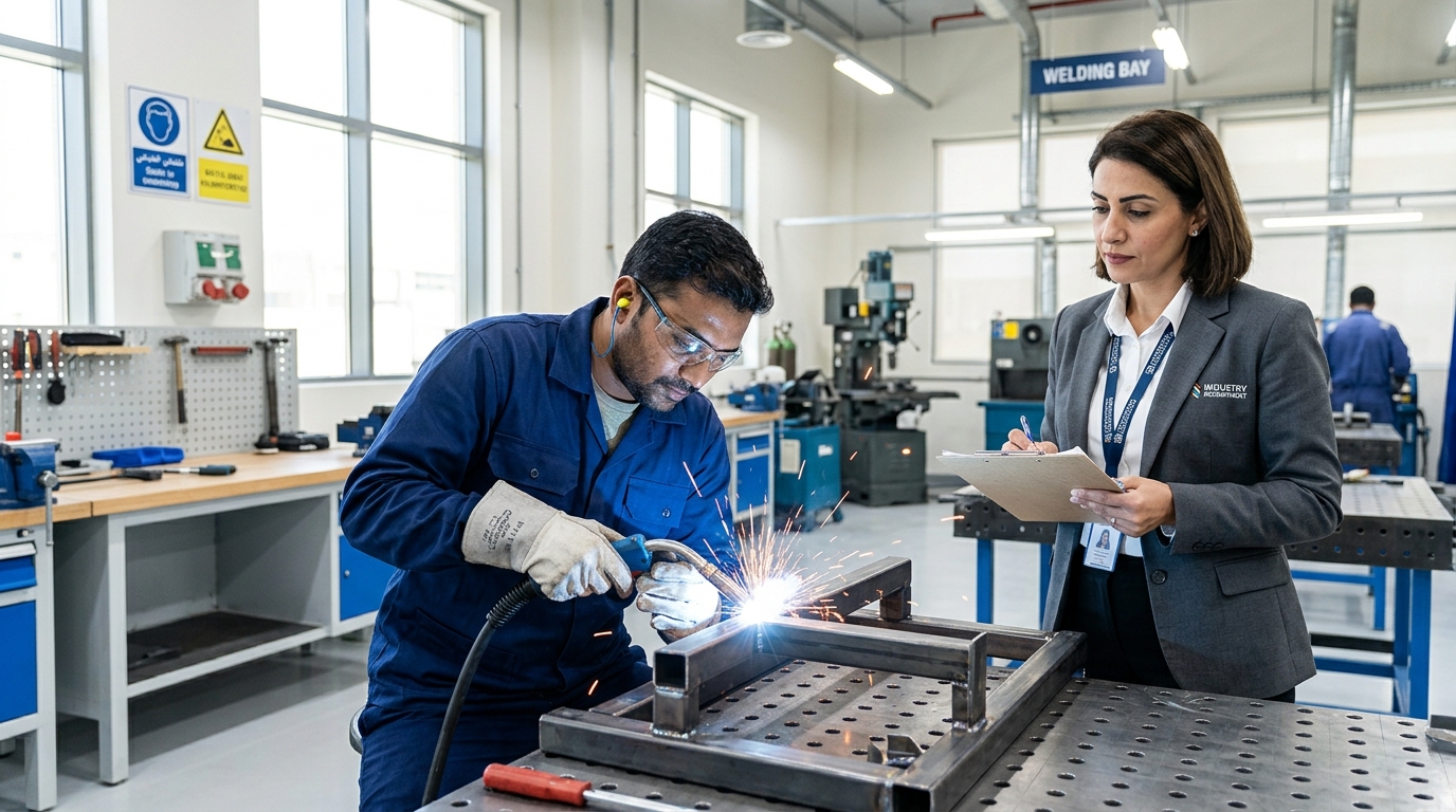 A candidate undergoing a practical welding trade test for a Gulf job application