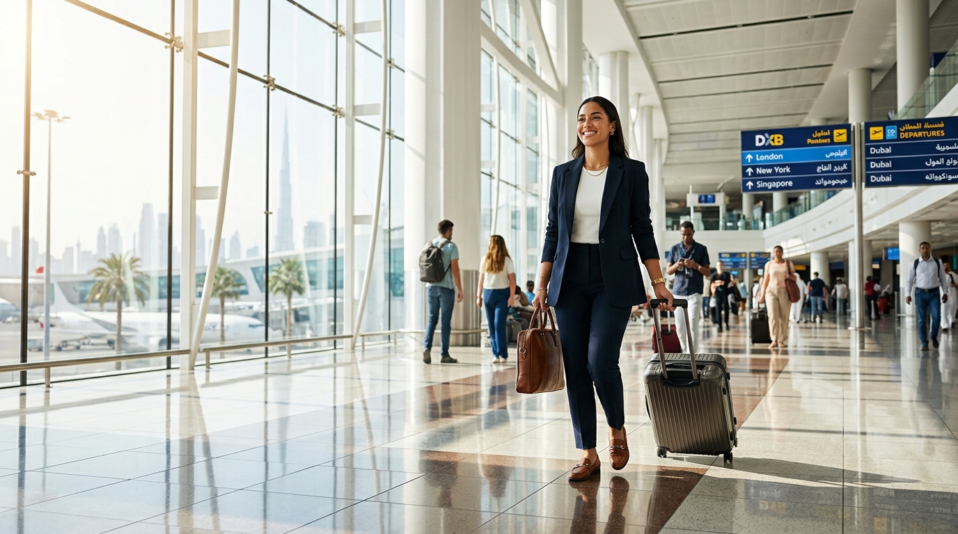 Professional arriving at Dubai airport ready for job interviews