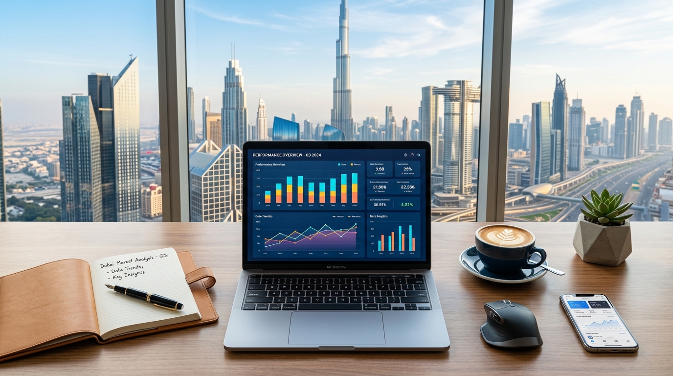 A modern desk showing a laptop with job search analytics