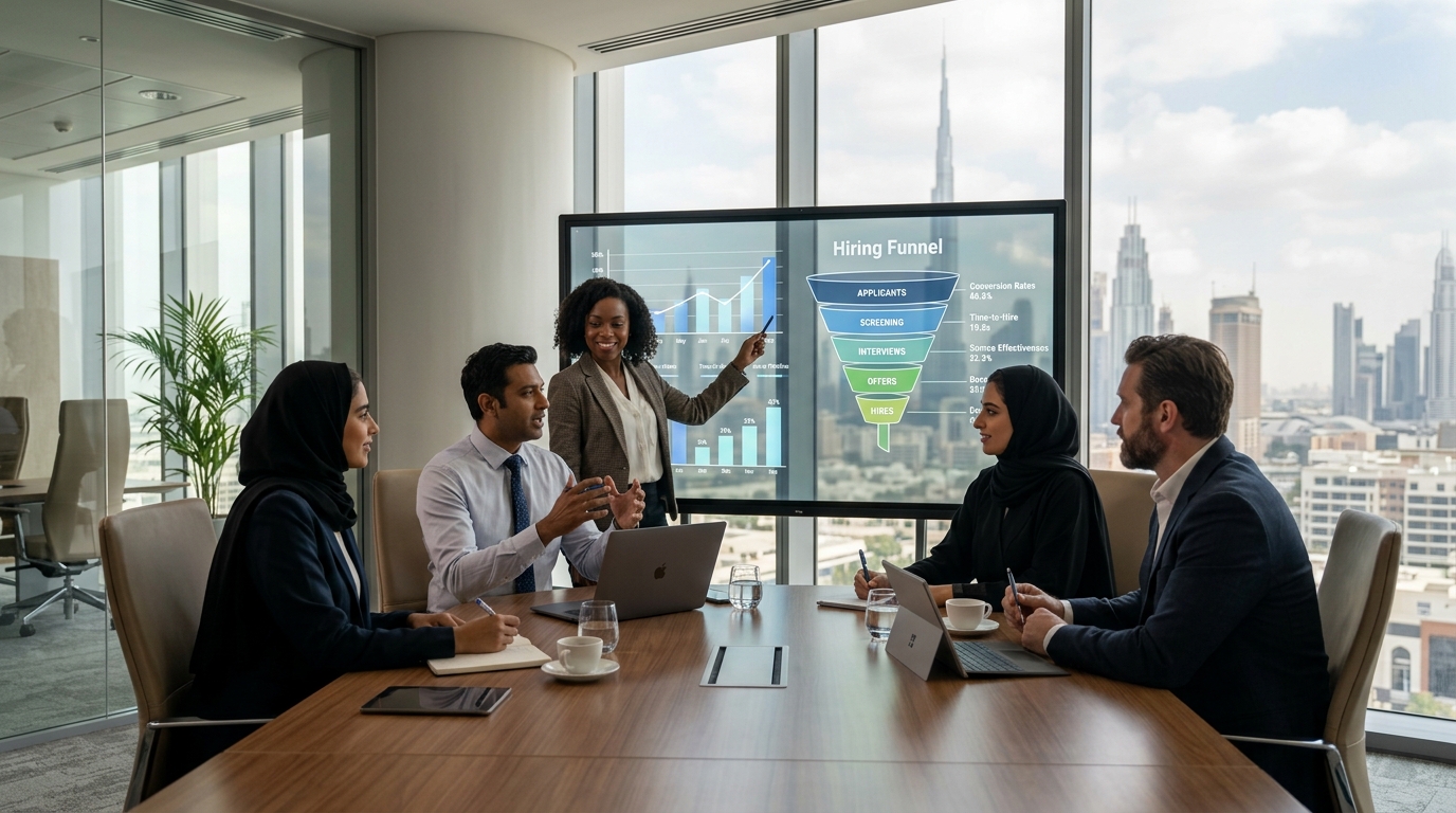 A professional team looking at hiring metrics on a digital board