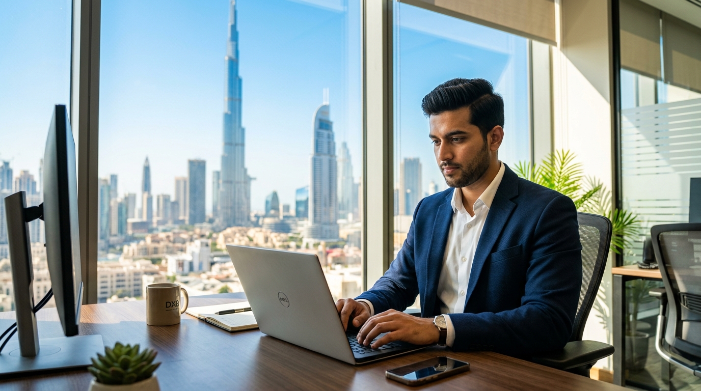 Indian professional researching Dubai job market on laptop