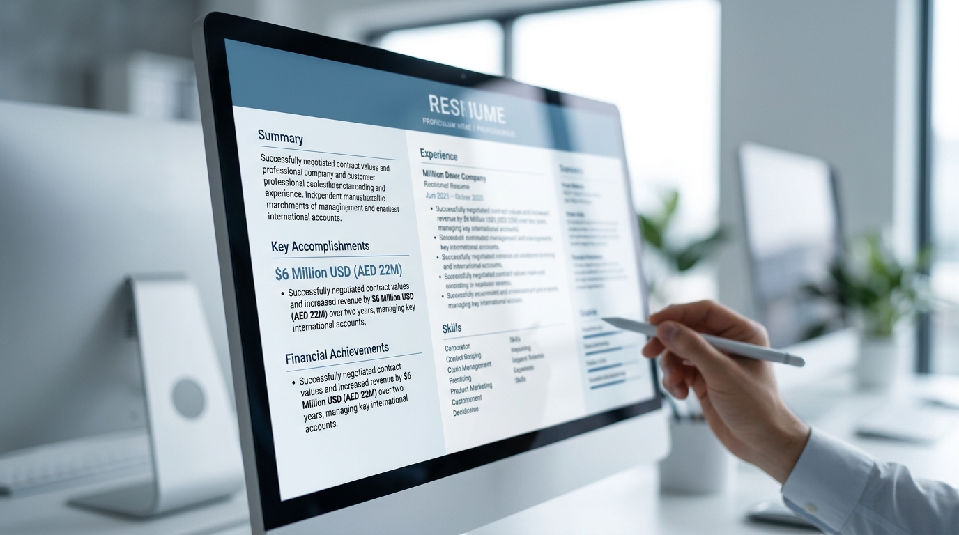 Close up of a resume being edited on a screen, showing USD and AED currencies
