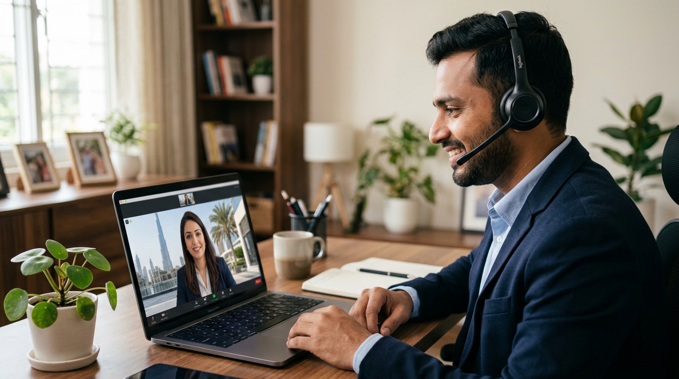 Two professionals engaging in a serious virtual video interview