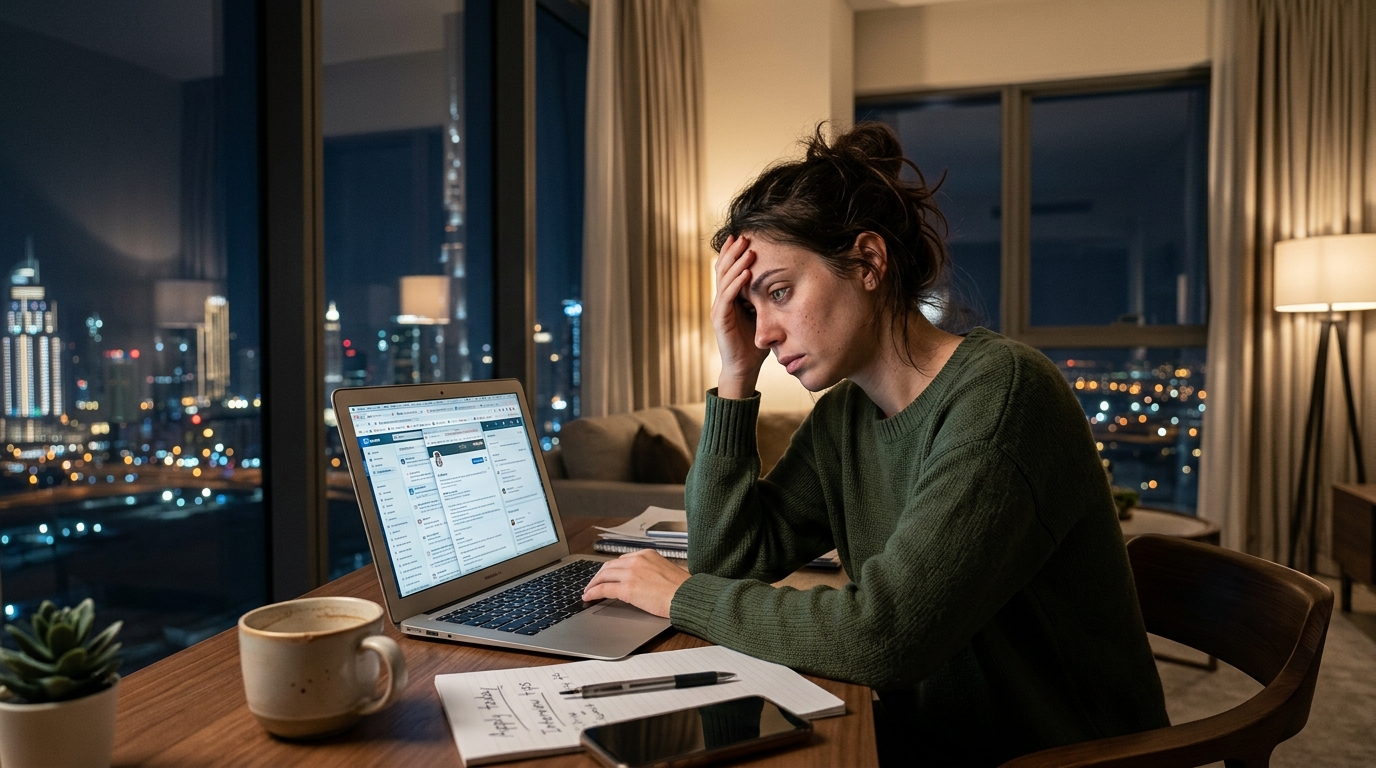 Frustrated job seeker looking at hundreds of tabs on a laptop in a modern Dubai apartment