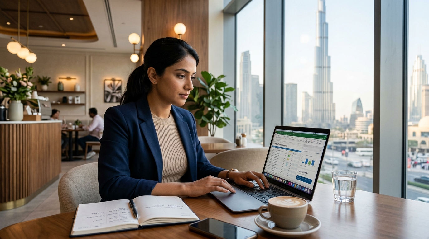 Professional focused on a laptop in a bright Dubai cafe