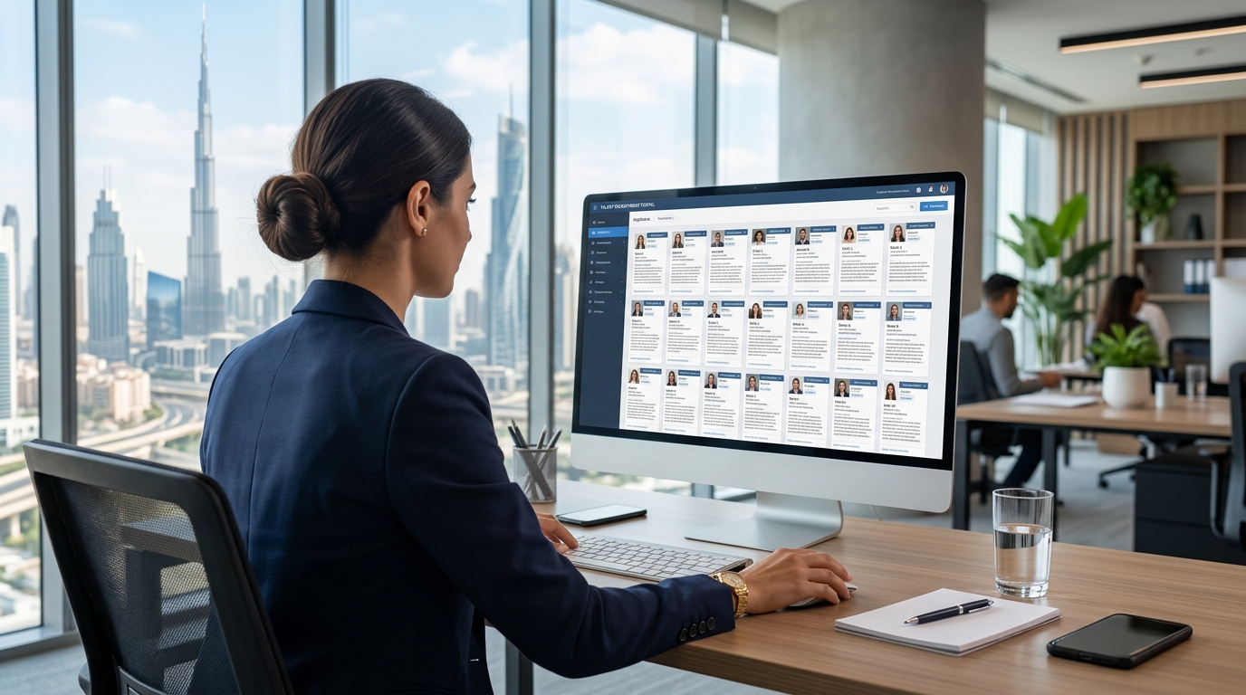 Recruiter overwhelmed by thousands of Easy Apply job applications on a computer screen in a modern Dubai office.
