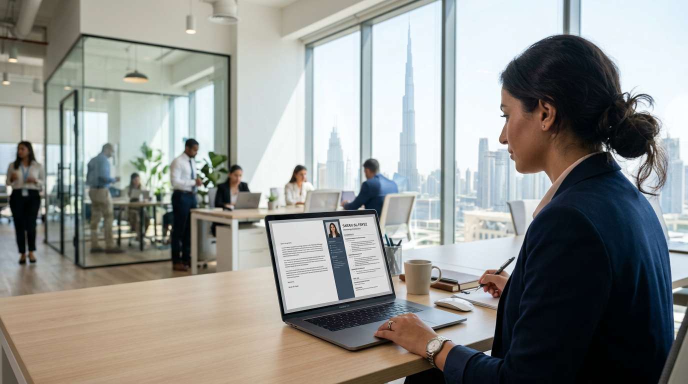 Recruiter reviewing a job application on a laptop in a modern Dubai office