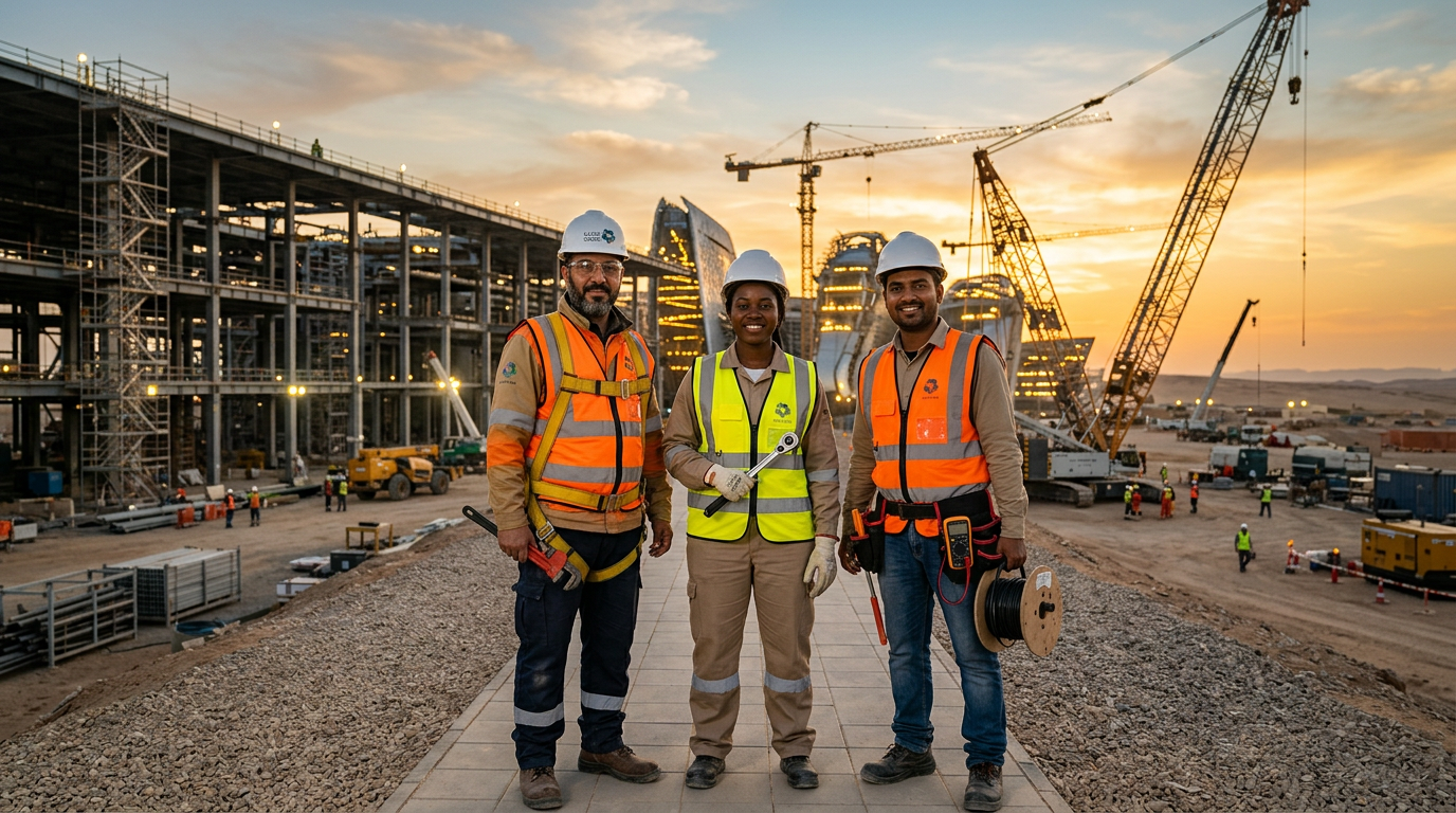 Diverse group of skilled workers in front of a Saudi construction site