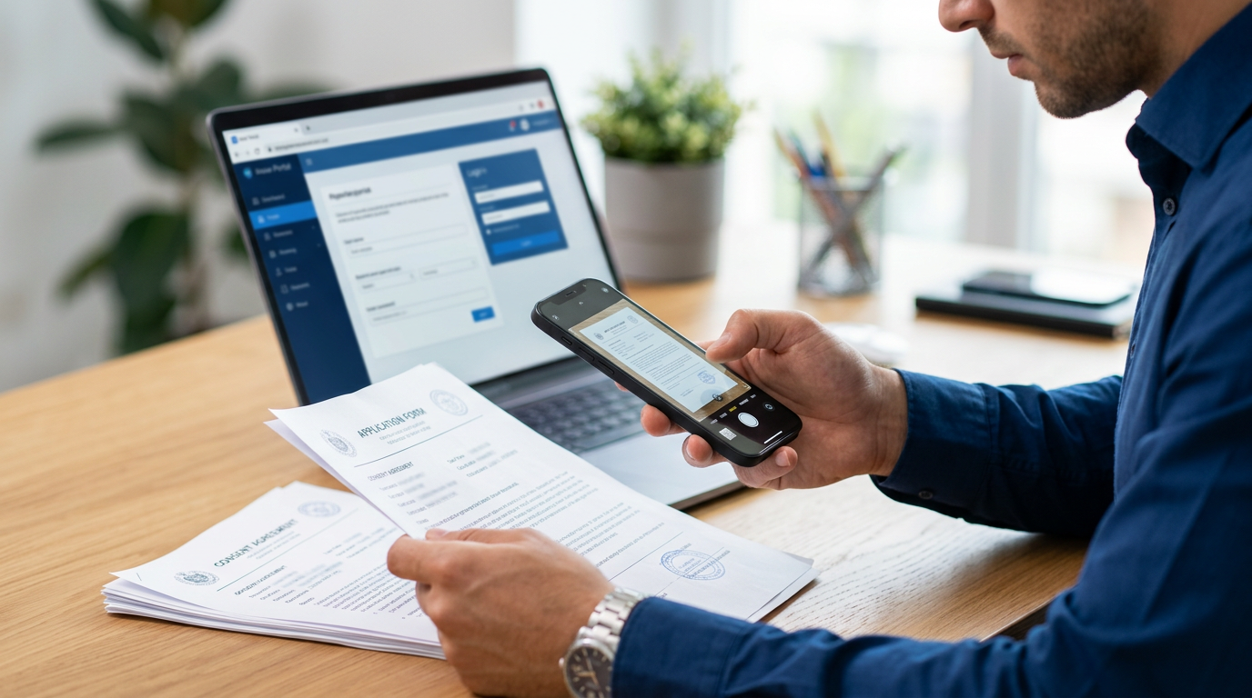 Worker carefully scanning official documents for SVP portal upload