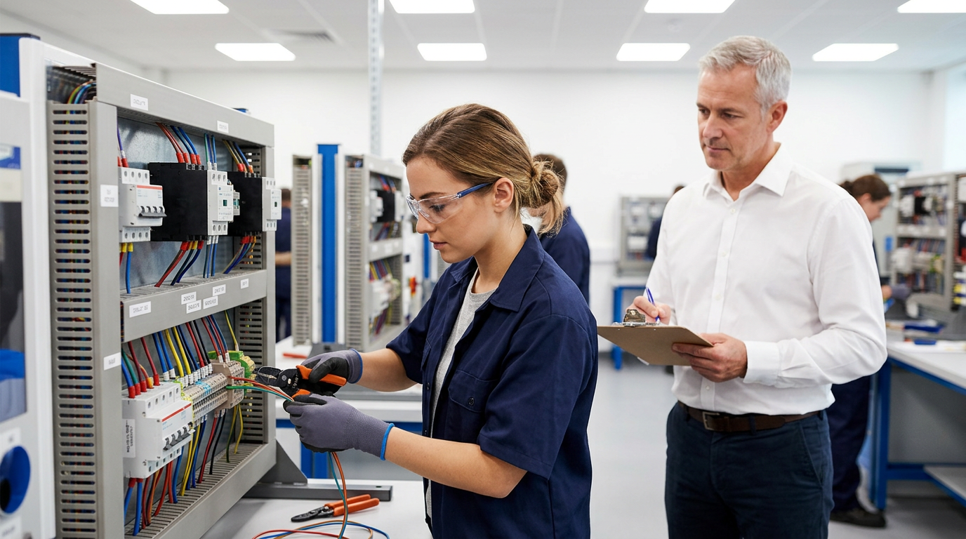 Electrician taking a practical skills exam in a testing center