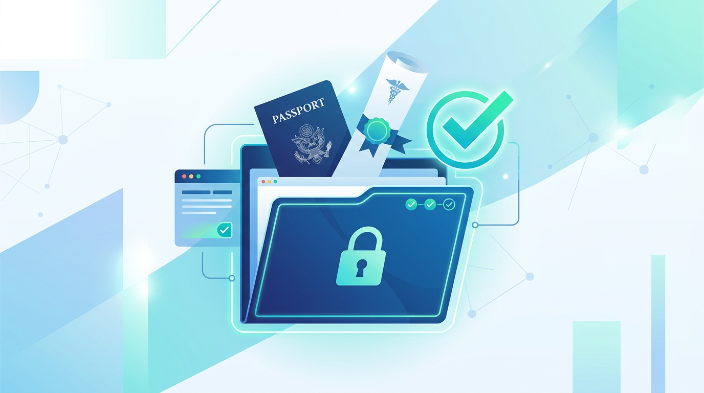 Digital folder containing a medical degree and passport with a verification checkmark