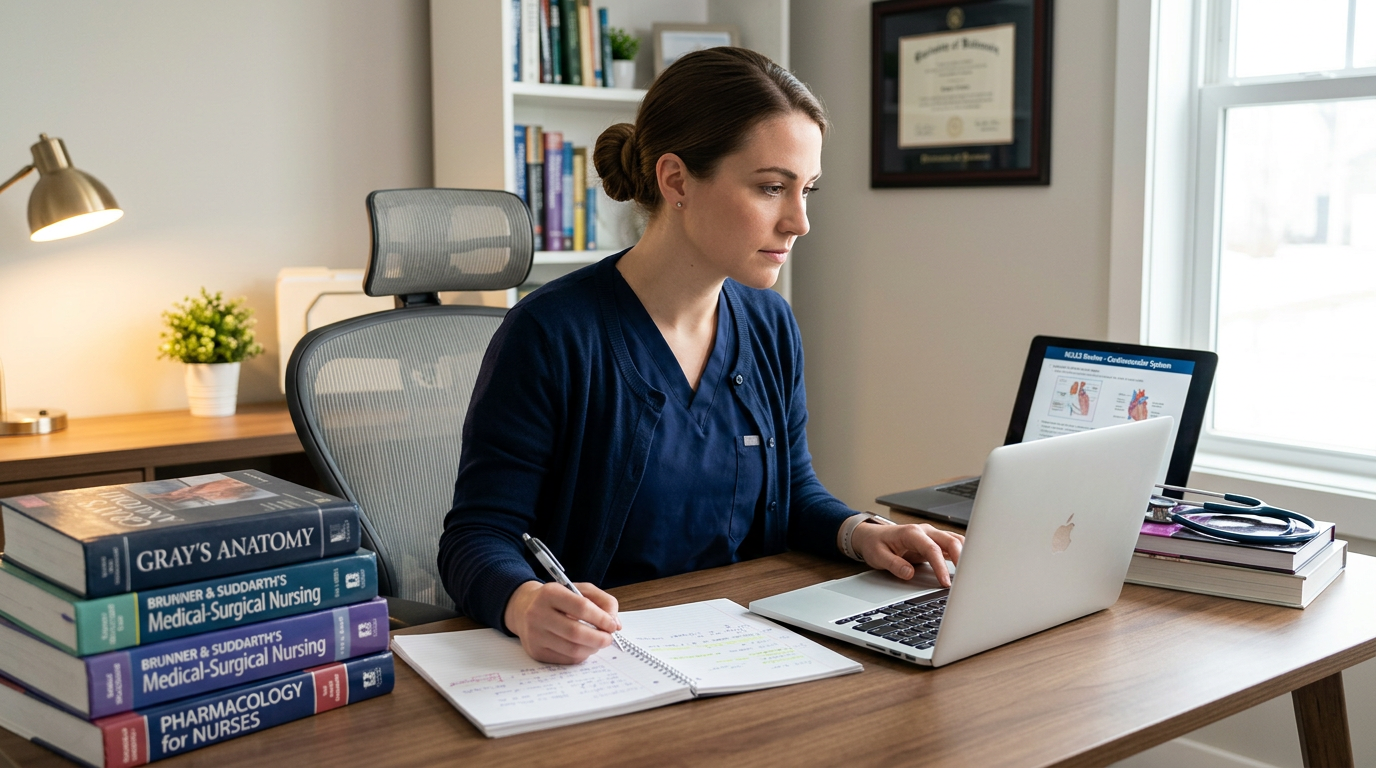 A female healthcare professional studying on a laptop at a desk