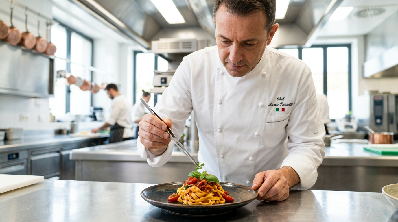 Executive Italian Chef plating food in a modern kitchen