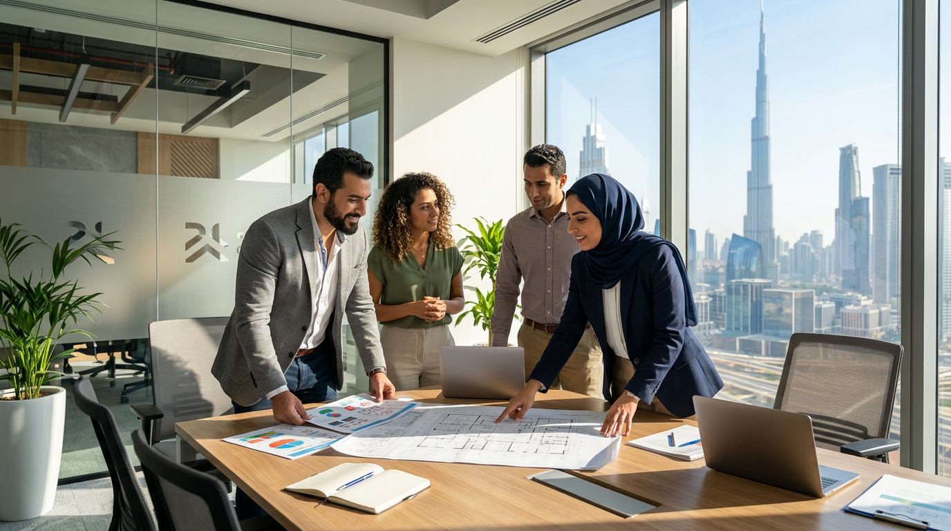 Professionals discussing legal documents in a corporate Dubai office
