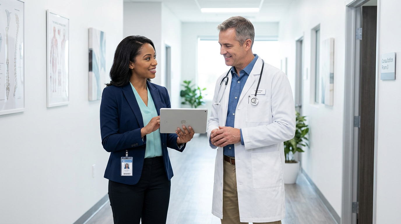 Medical sales representative speaking with a doctor in a clinic