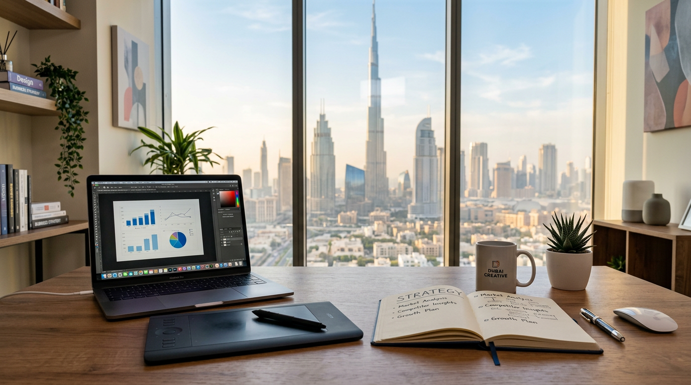 A creative workspace in Dubai featuring a laptop and design sketches
