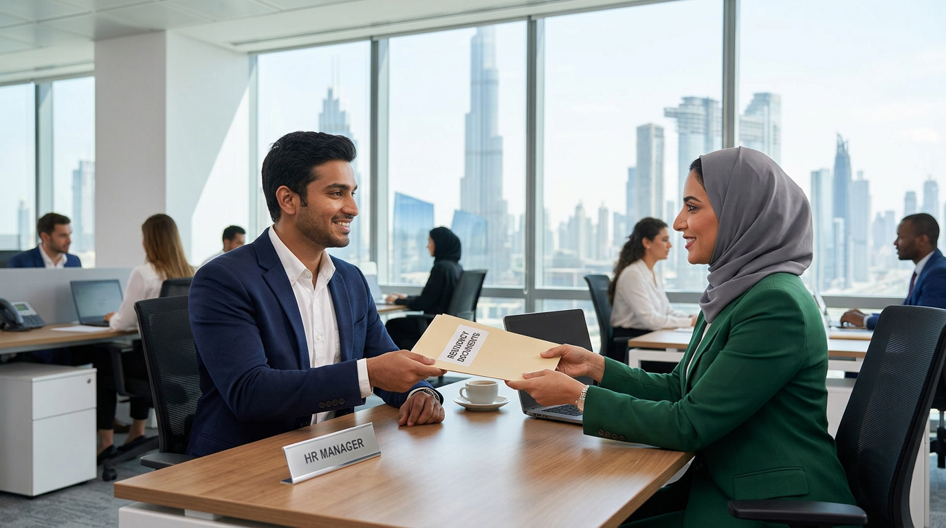 A professional candidate holding UAE residency documents shaking hands with an employer