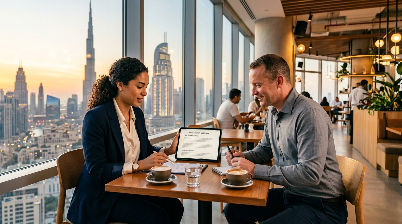 Freelancer negotiating a contract with a client in a modern Dubai cafe