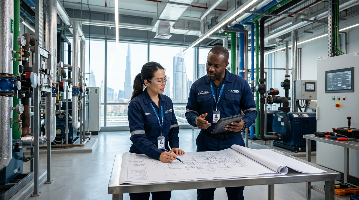 Facilities management engineers inspecting HVAC systems in Dubai