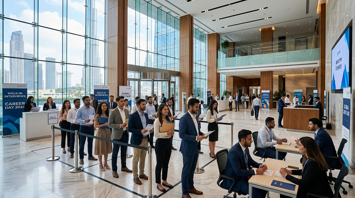 Candidates waiting in a corporate lobby for a walk-in interview