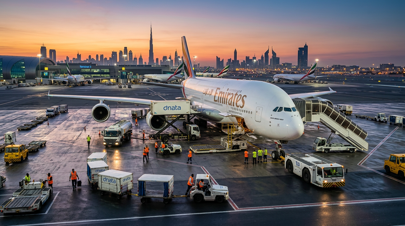 Wide shot of a bustling airport tarmac at dawn in Dubai, featuring a modern passenger plane being serviced by ground handling crew