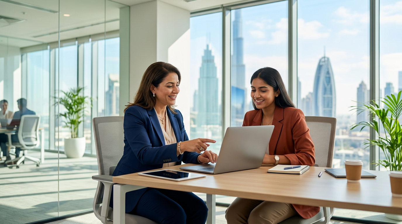 HR professional assisting a candidate in a modern Dubai office.