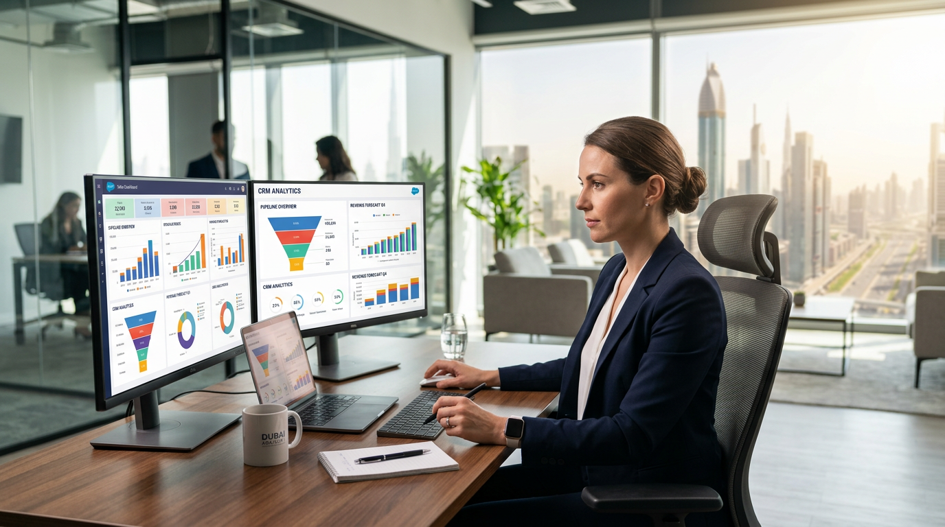 A professional working on multiple monitors showing CRM dashboards in a modern Dubai office