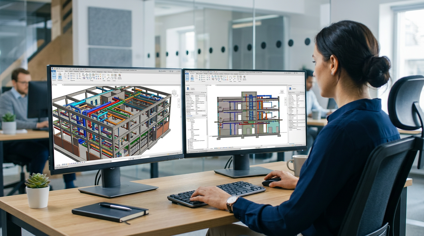 Close-up of a BIM specialist working on dual monitors displaying a complex Revit structural model