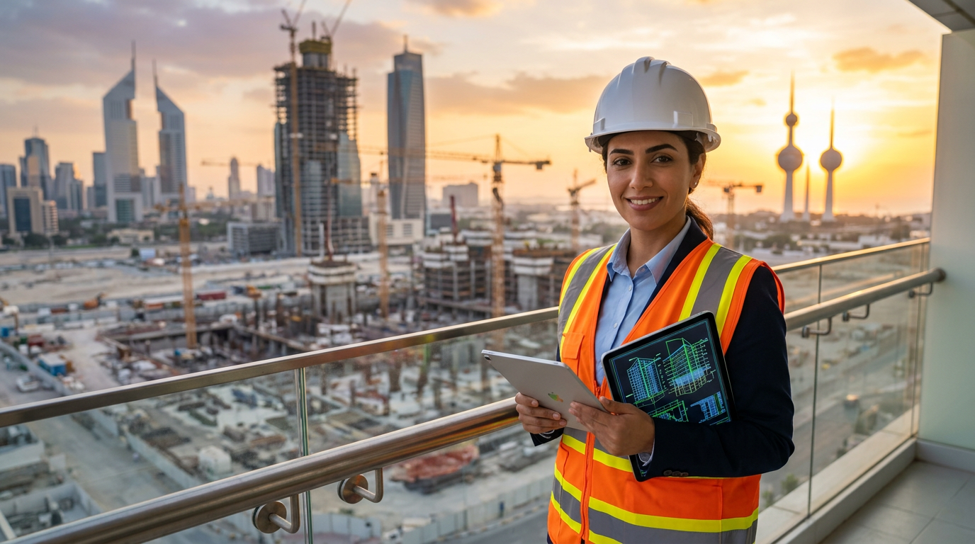 Civil engineer in a hard hat overlooking a Middle Eastern mega-project site
