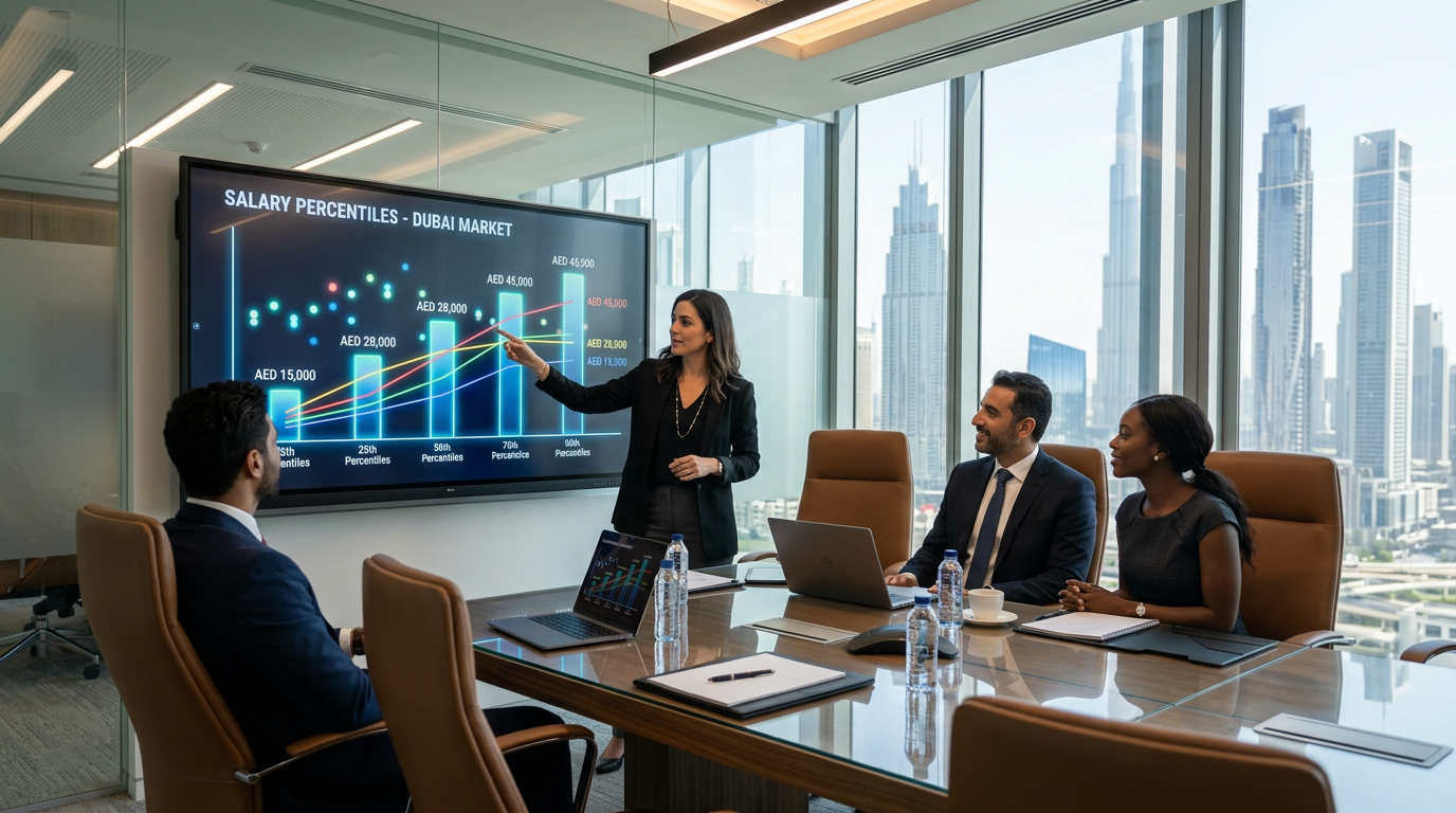 Professionals analyzing a digital chart displaying salary percentiles in a modern Dubai corporate boardroom