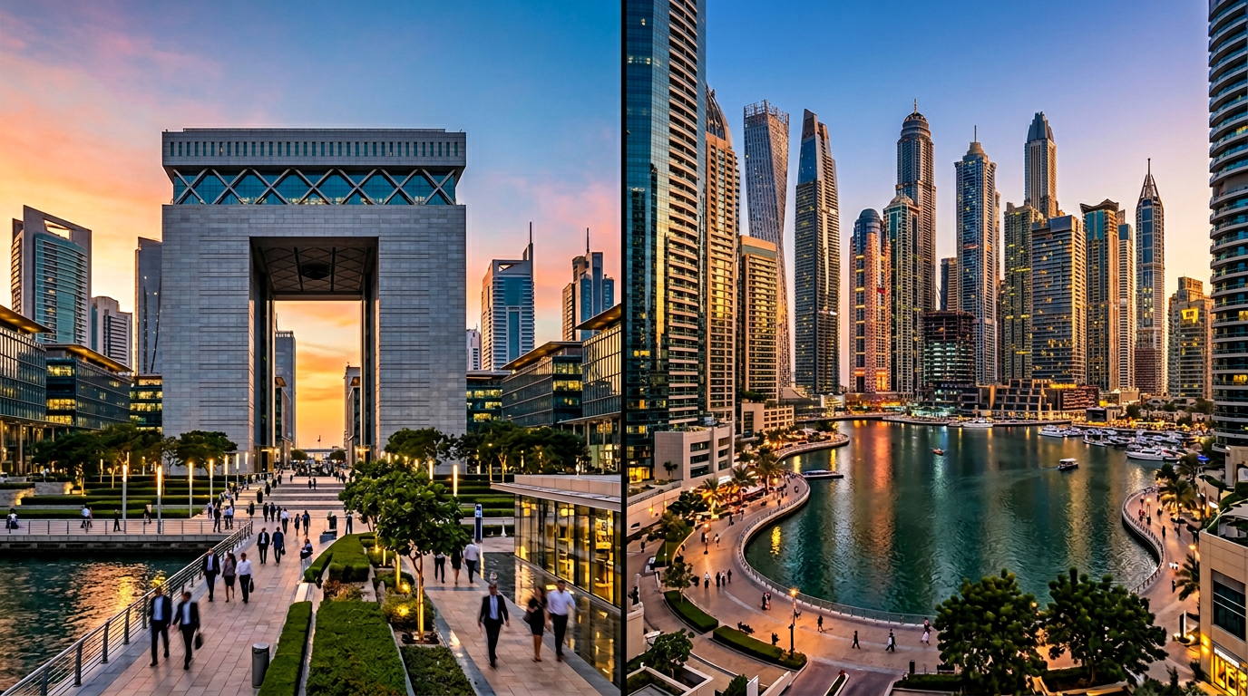 Split screen showing DIFC glass architecture and DMCC JLT high-rises at sunset