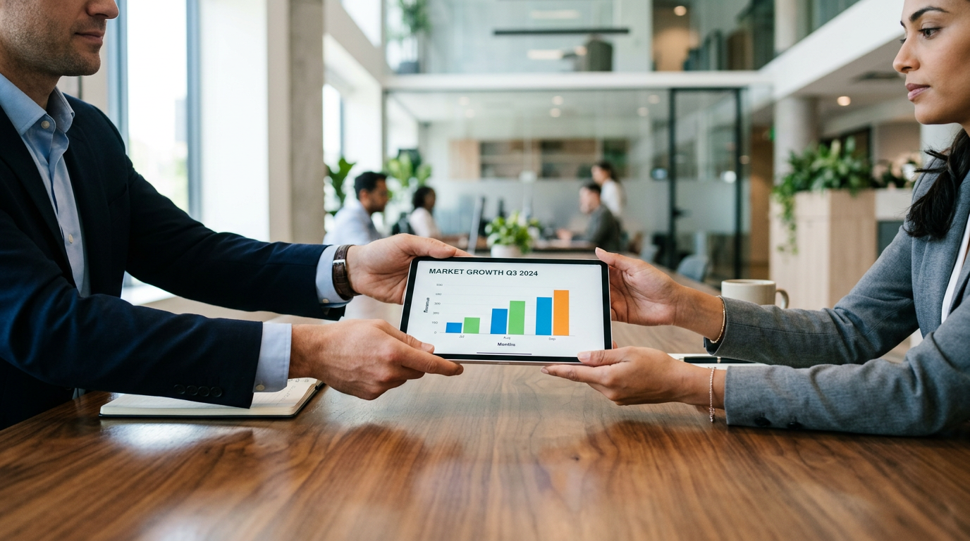 Close-up of a professional sliding a tablet displaying a minimalist market data bar chart to an HR manager