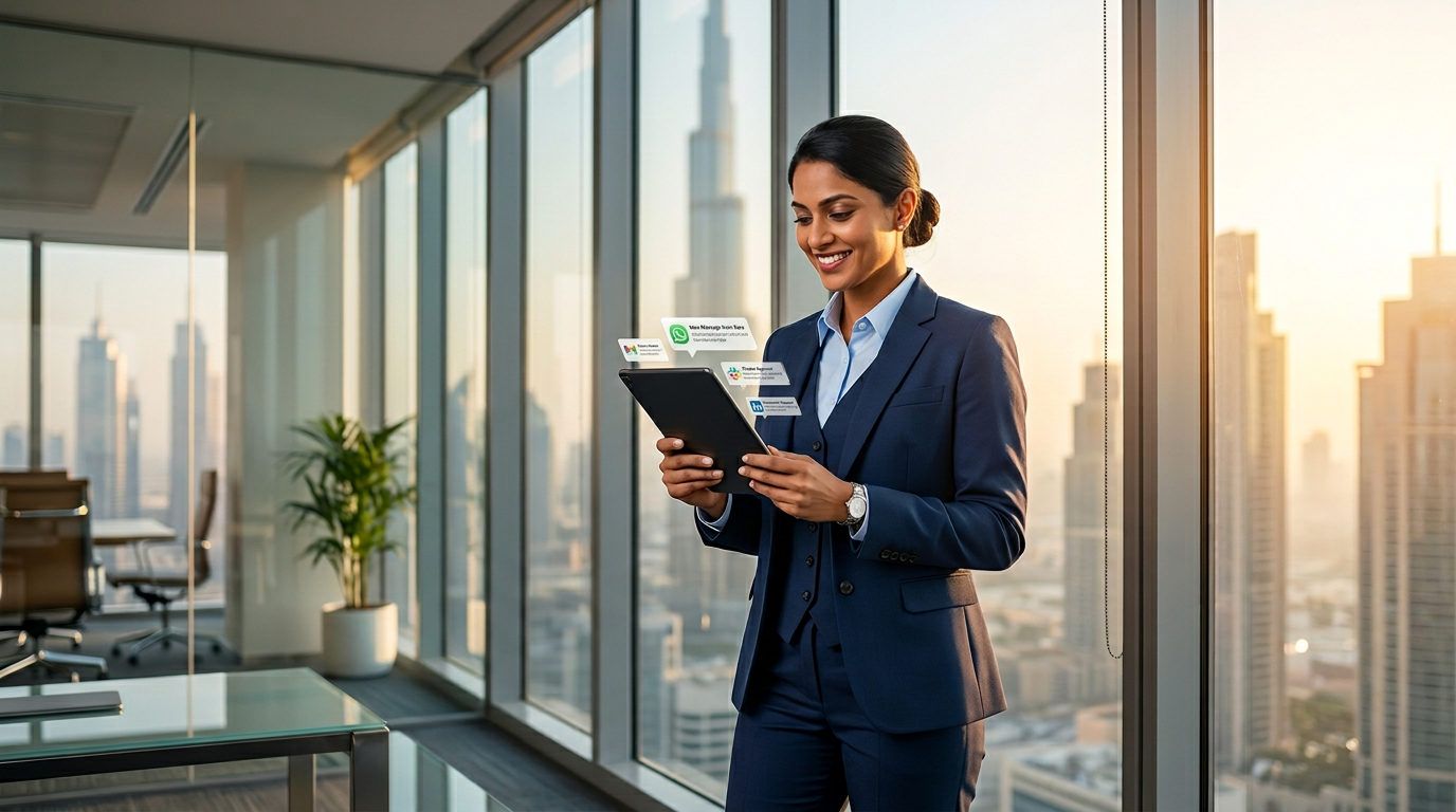 Professional at a modern desk with Burj Khalifa in background