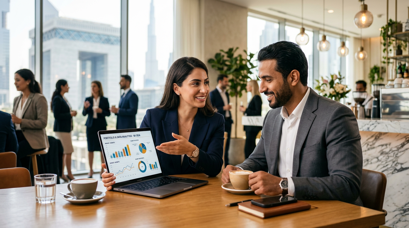 Two professionals having a coffee meeting in DIFC Dubai