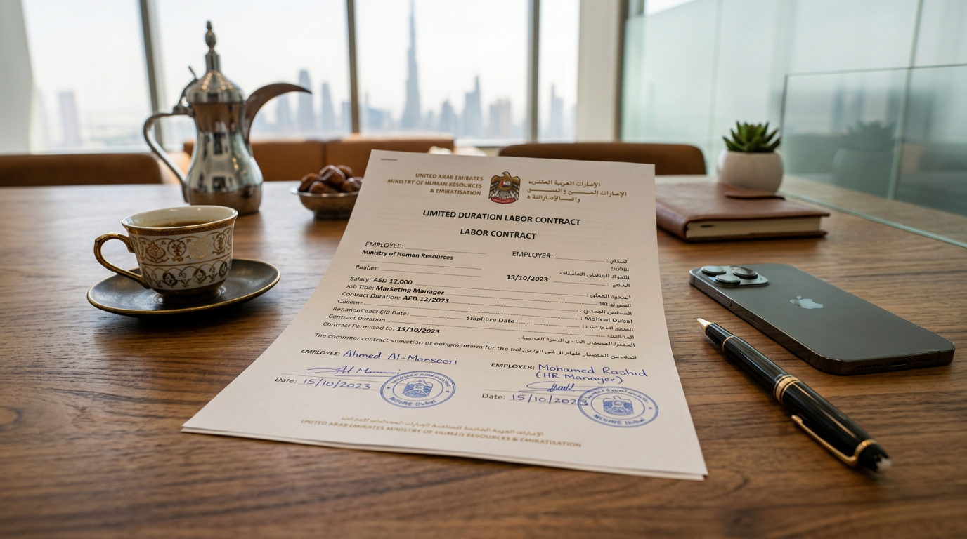 Close up of a UAE MOHRE labor contract on a desk