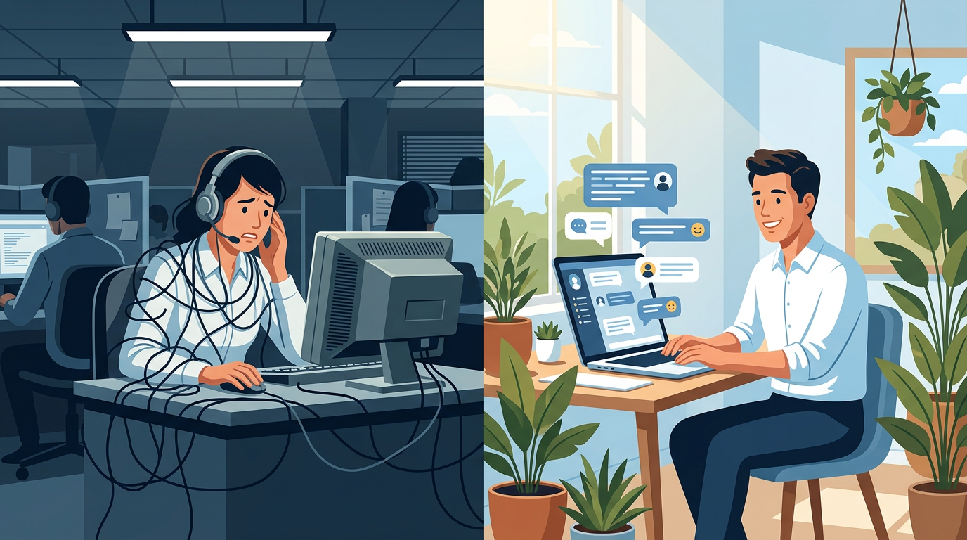 Split screen illustration showing traditional call center headset vs modern remote laptop chat support setup