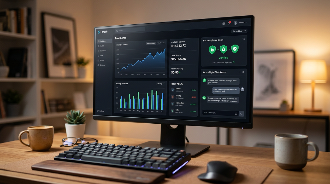 Close-up of a high-resolution computer monitor displaying a modern fintech dashboard