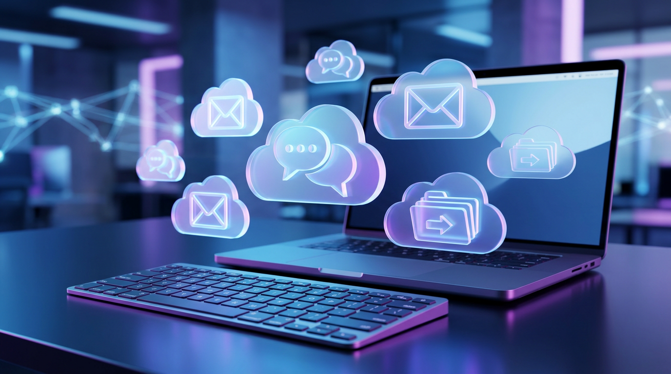 Modern remote work desk setup with cloud software logos floating