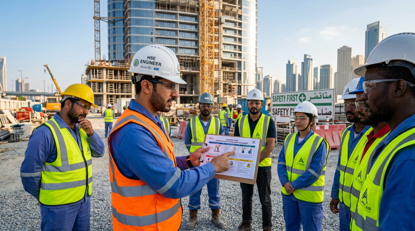 HSE Engineer conducting a toolbox talk with construction workers
