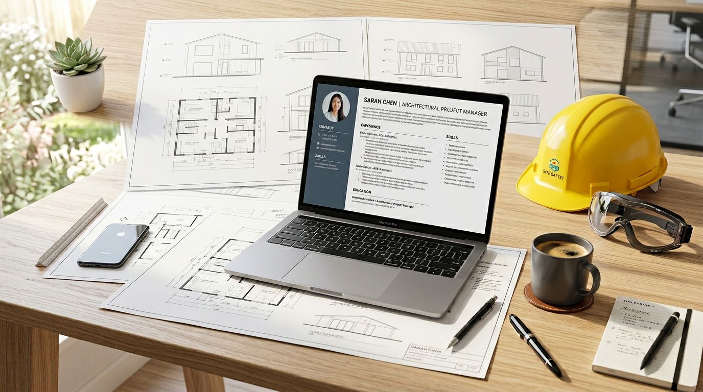 Professional construction resume on a desk with a hard hat and blueprints