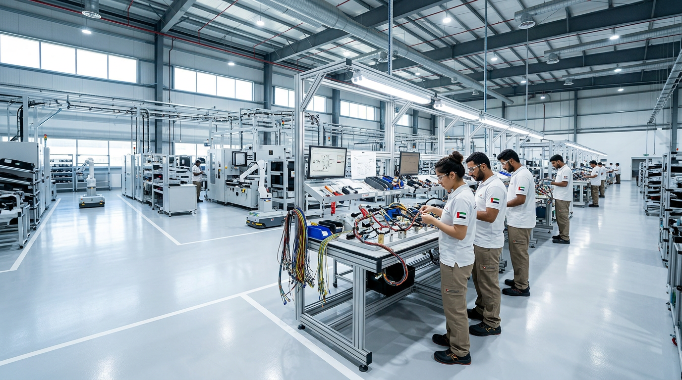 Modern automotive manufacturing plant in the UAE with workers in PPE