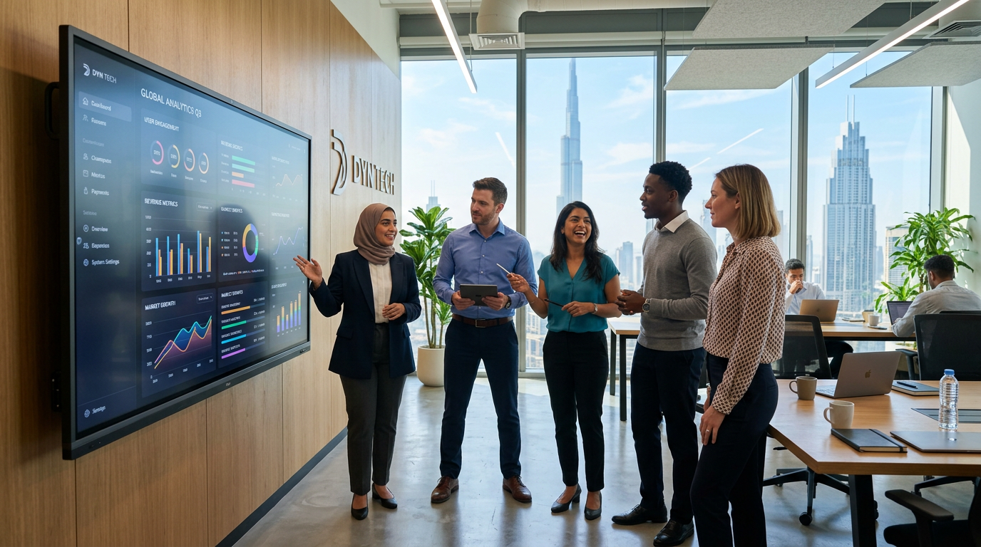 Modern Dubai tech office showing a diverse team of sales professionals analyzing software dashboards.